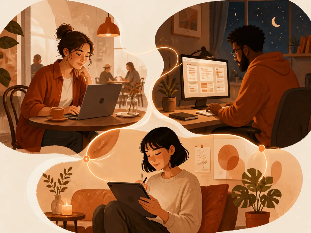 Diverse people building their own apps and income in different settings